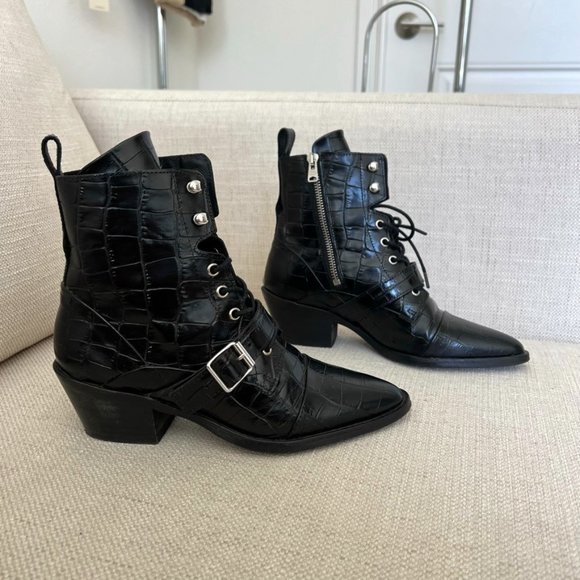 All Saints Katy Black Leather Ankle Boots Crocodile Size 7 - Picture 2 of 12
